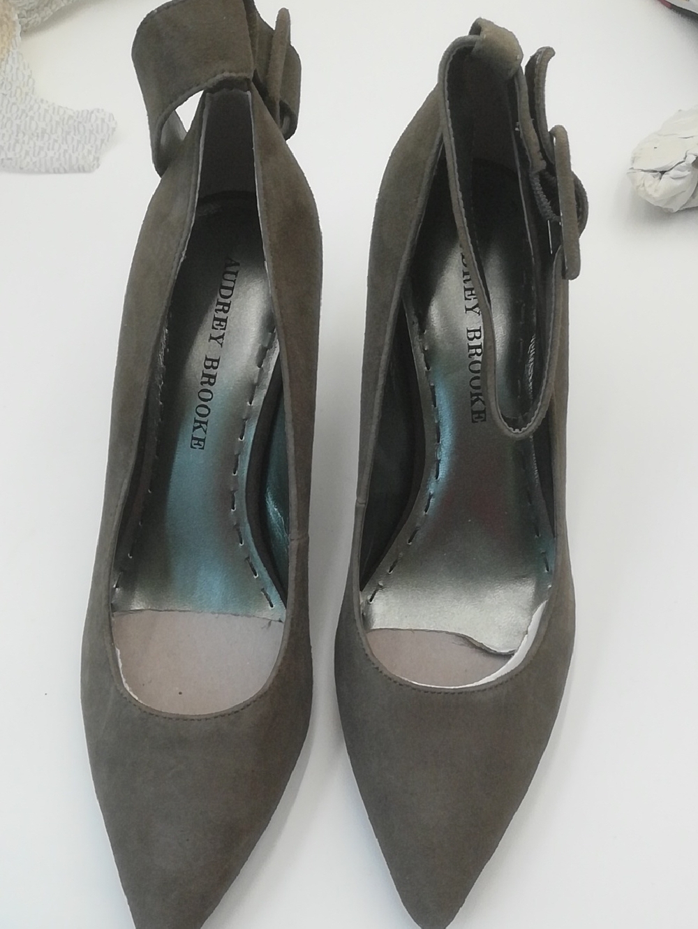 Audrey Brooke Olive Gray Suede Pointed-Toe Ankle-Strap Pumps